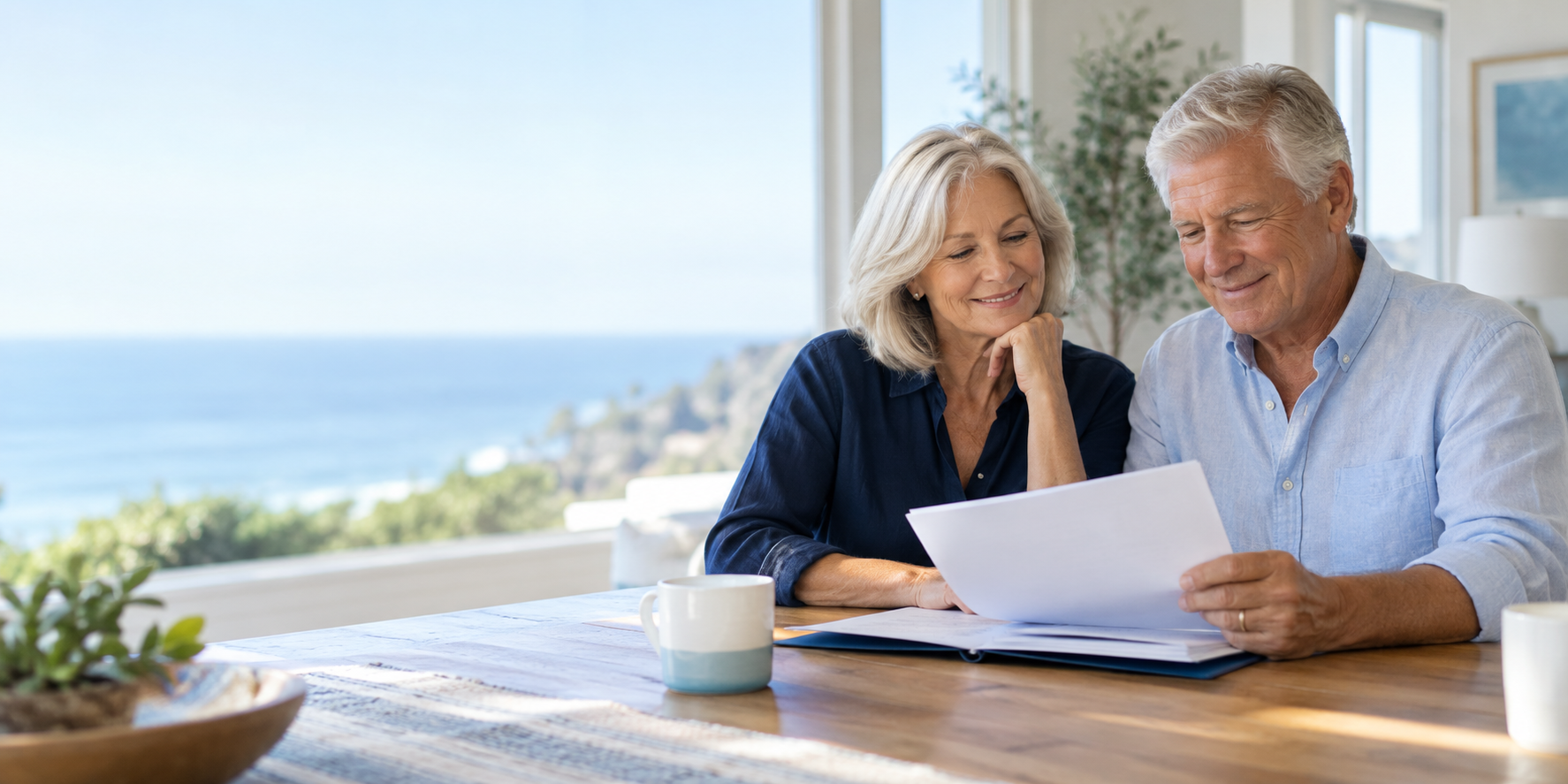 A mature couple calmly reviewing documents together at home